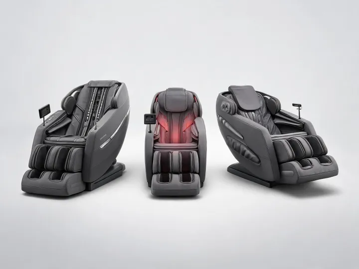 Massage chair recliner configurations in a neutral product studio